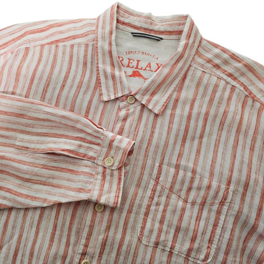 Tommy Bahama Men XXL Linen Relax Button Up Orange Striped Long Sleeve Casual